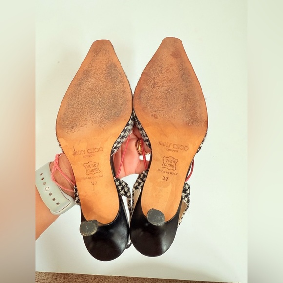 Jimmy Choo Vintage Black White Houndstooth Wool Red Dainty Ribbon Pumps EU 37 - Picture 6 of 7